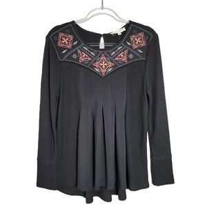 Alchemy Thread Womens Black Waffle Knit Embroidered Peasant Tunic Top‎ M NWT